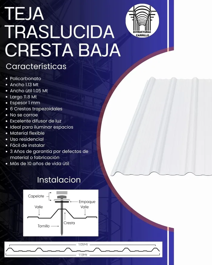 Teja Traslúcida Cresta Baja — venta en Medellín, DEKO Estructuras Carrillo